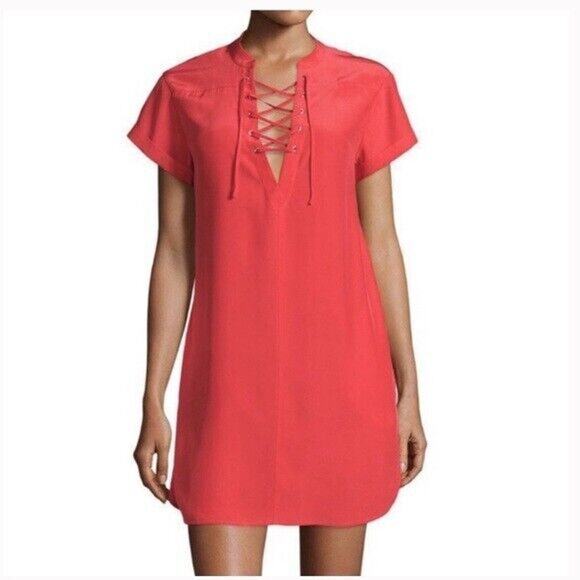FRAME 100% Silk Blood Orange Lace Up Mini Shirt Dress W/ Pockets Size Small - Picture 1 of 11